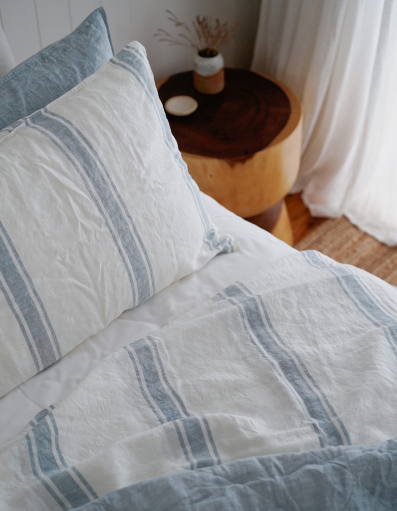 French Blue Ticking Linen Pillowcases and sheets by Salt Living