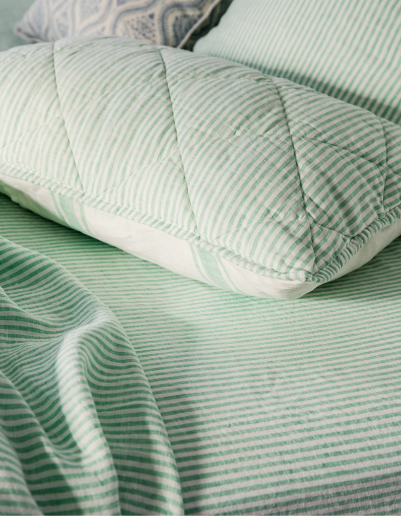 Quilted Pillow Sham - Sea Green Stripe - Linen Bedding