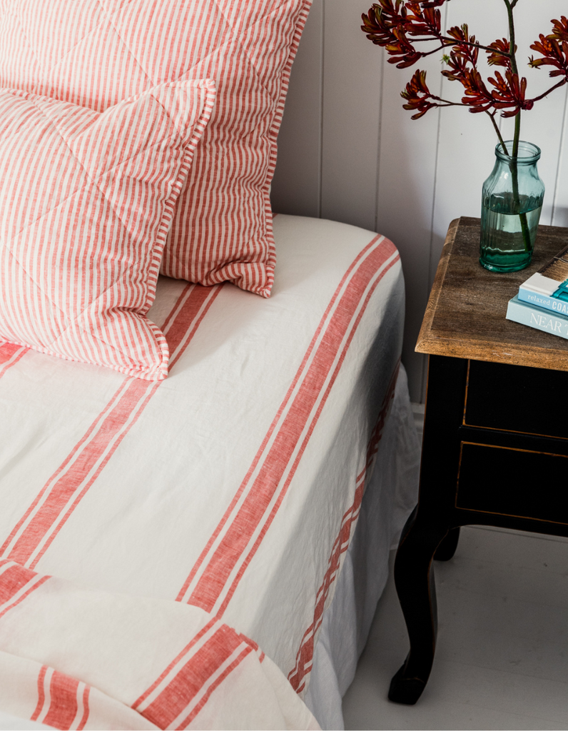 Fitted Sheet - Red Coral Ticking Stripe – Linen Bedding