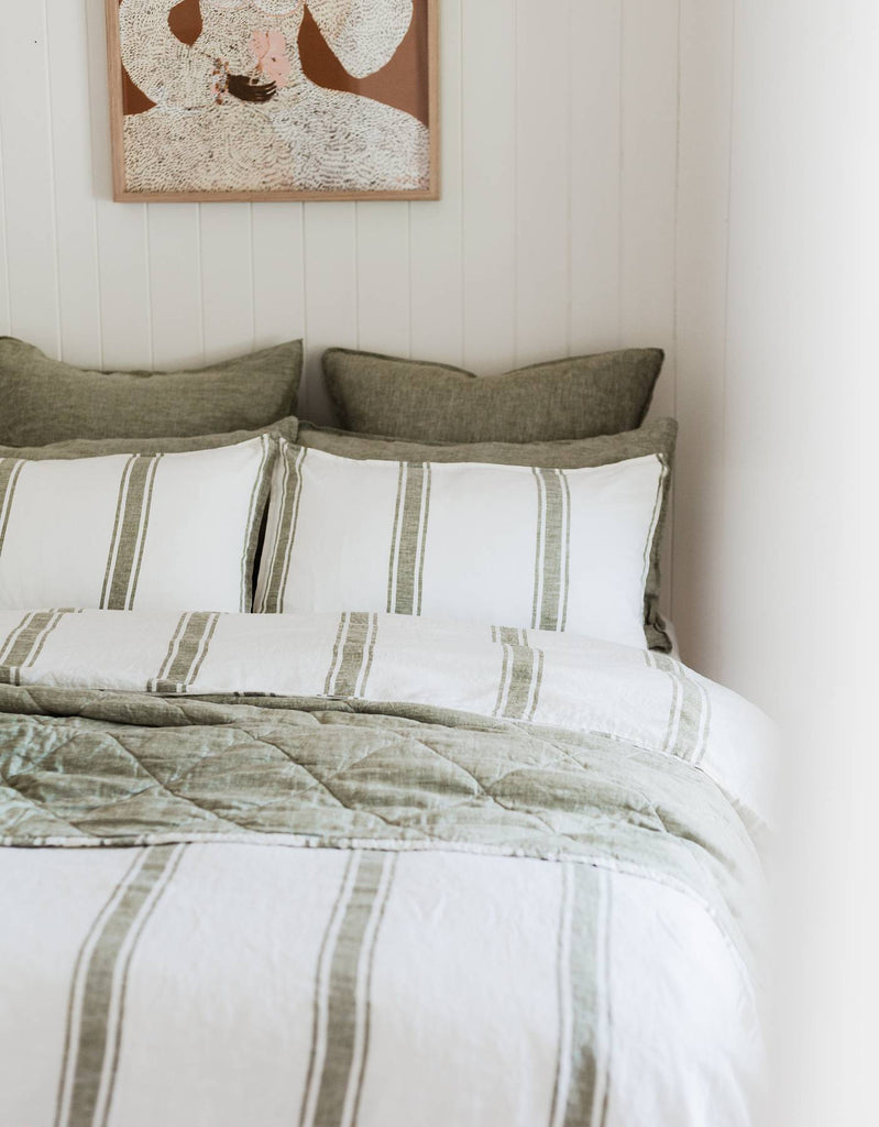 Reversible Quilt - Kelp Green Ticking Stripe – Linen Bedding