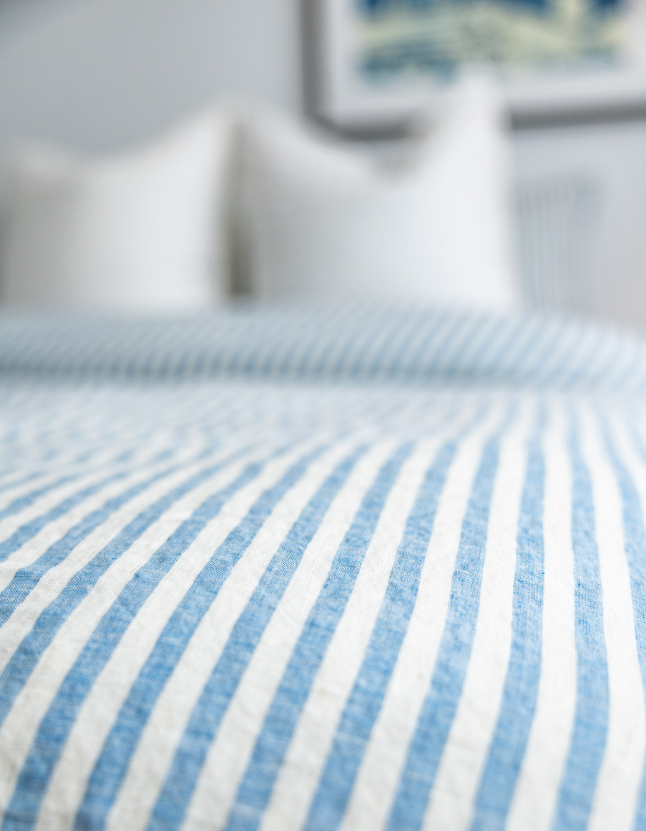 Blue Stripe Duvet Cover Set - Linen Bedding - Single to Super King