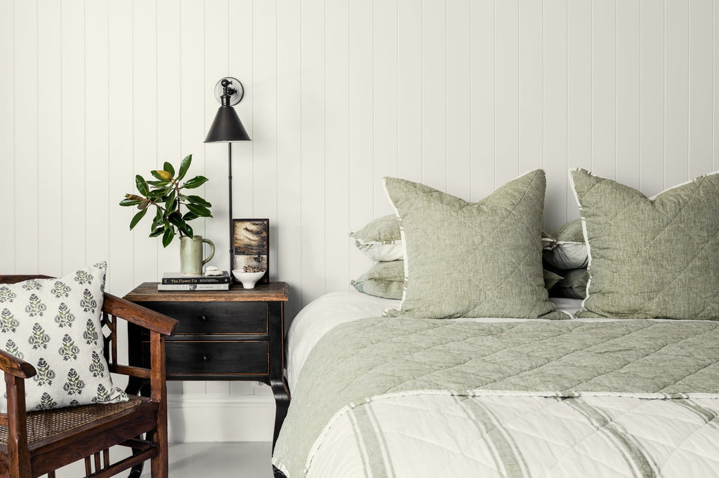 Kelp Green Stripe Linen Bedding made of 100% French Flax