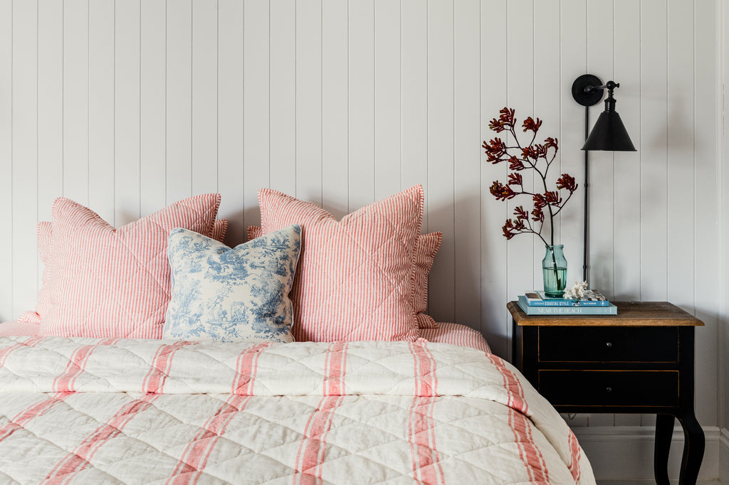 Red Coral Stripe Linen Bedding