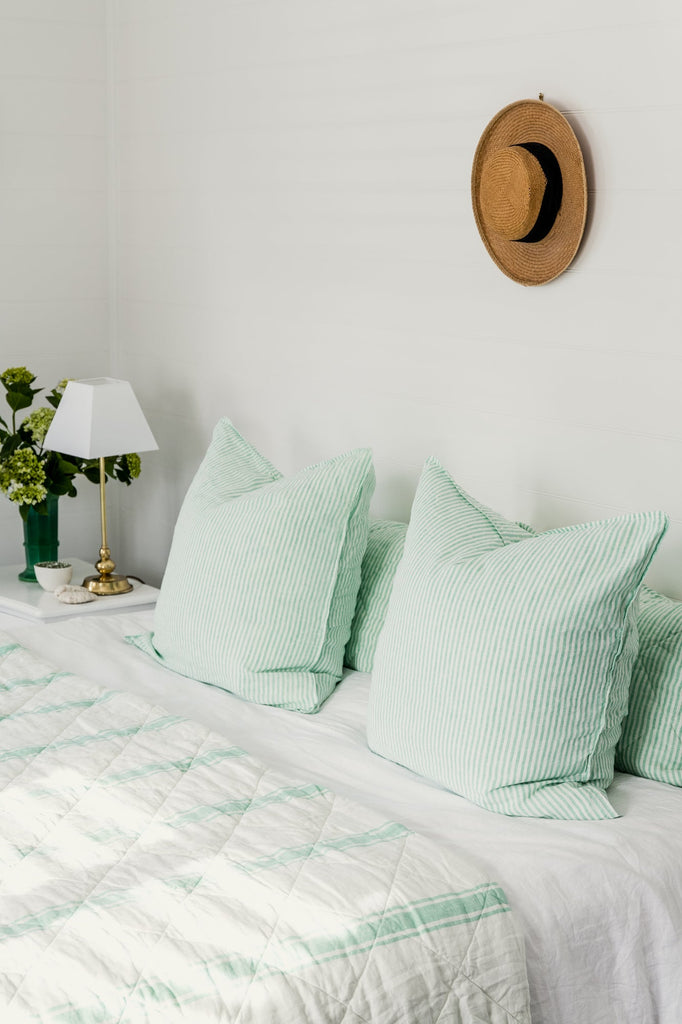 Sea Green Stripe Linen Bedding made of 100% French Flax