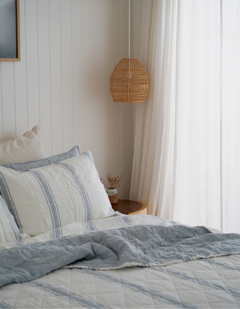 French Blue Ticking Linen Pillowcases and sheets by Salt Living