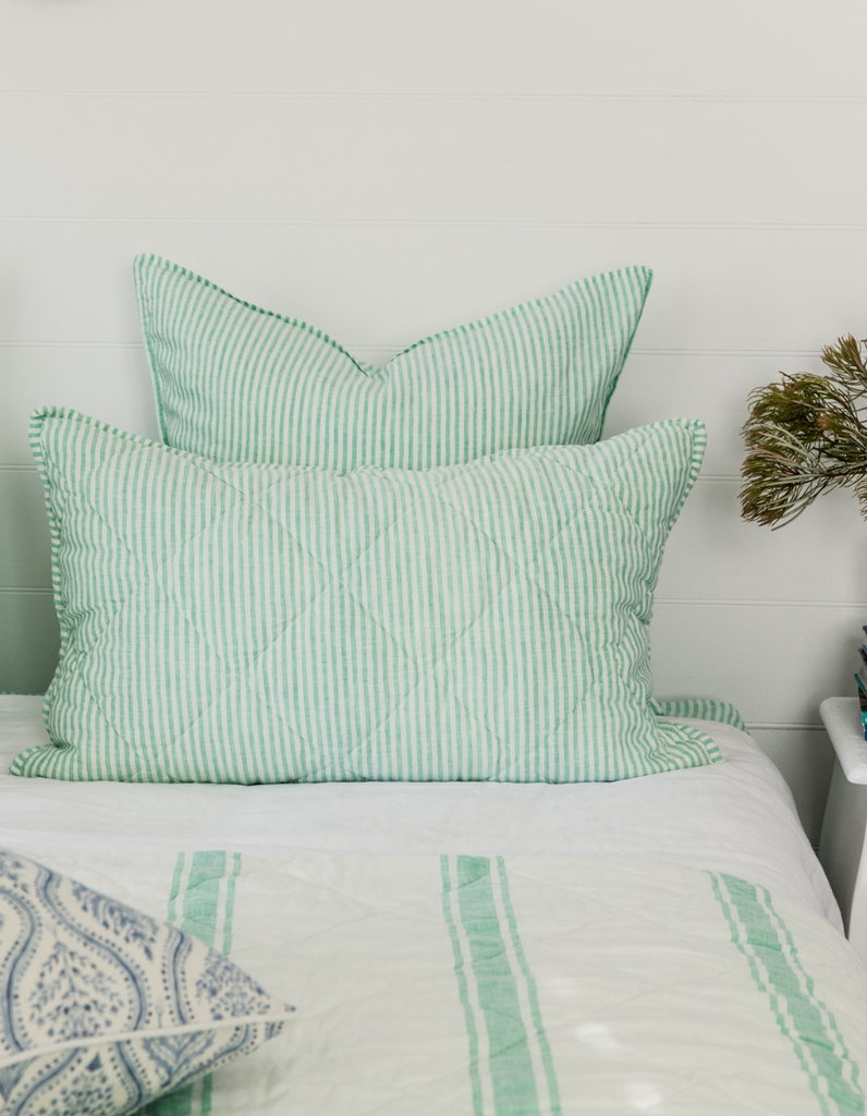 Reversible Quilt - Sea Green Ticking Stripe Yarn Dyed Bed Linen