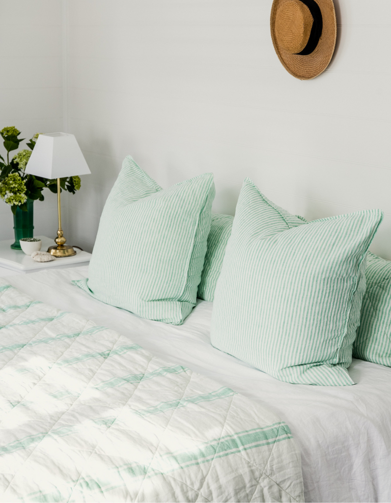 Reversible Quilt - Sea Green Ticking Stripe Yarn Dyed Bed Linen