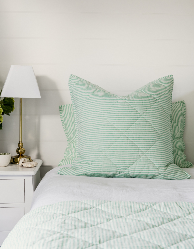 Quilted Euro Pillow Sham - Sea Green Stripe - Linen Bedding