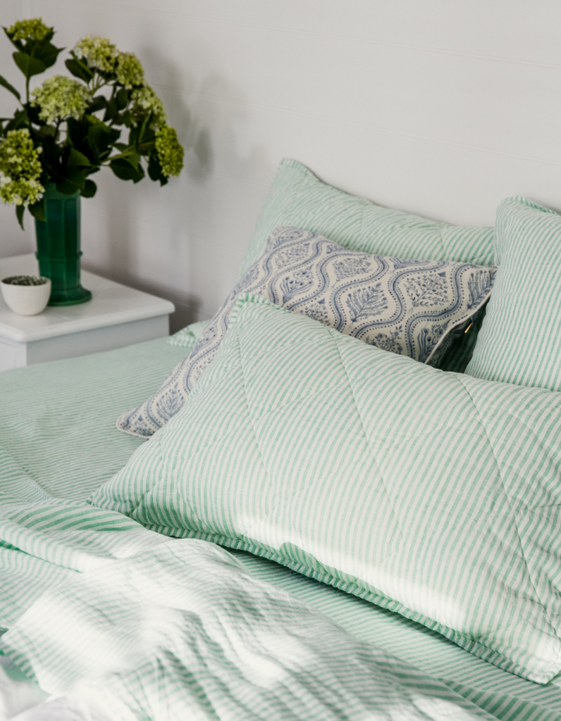 Quilted Pillow Sham - Sea Green Stripe - Linen Bedding