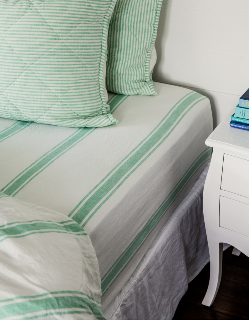  Fitted Sheet in Sea Green Ticking Stripe – Linen Bedding