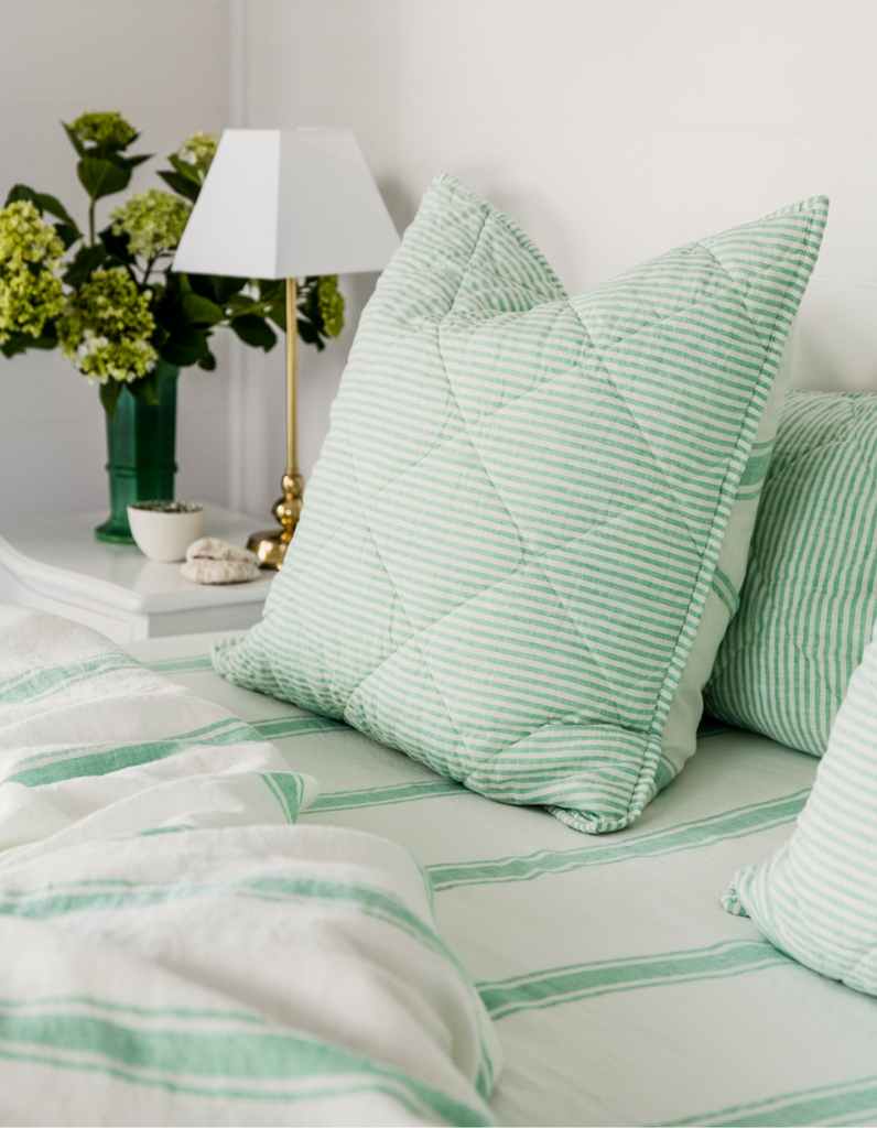Quilted Euro Pillow Sham - Sea Green Stripe - Linen Bedding
