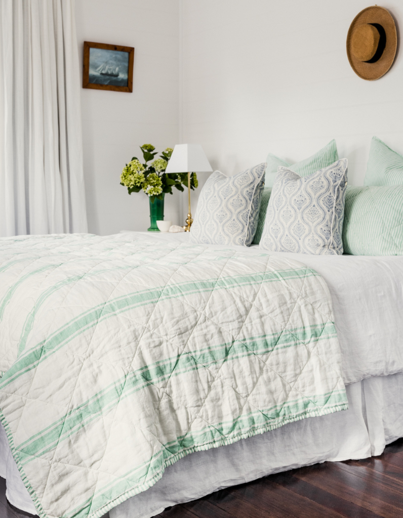 Reversible Quilt - Sea Green Ticking Stripe Yarn Dyed Bed Linen