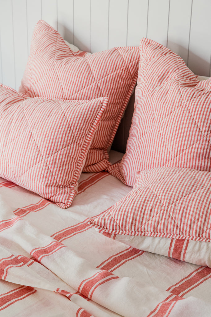 Sheet Set in Red Coral Ticking Stripe – Linen Bedding