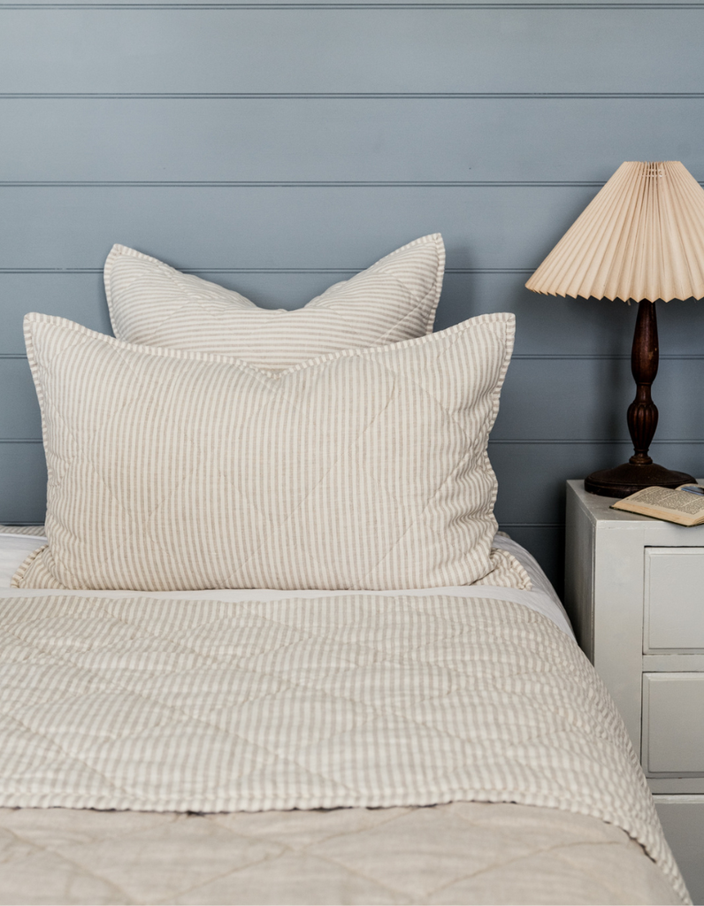 Quilted Pillow Sham - Natural Stripe - Linen Bedding