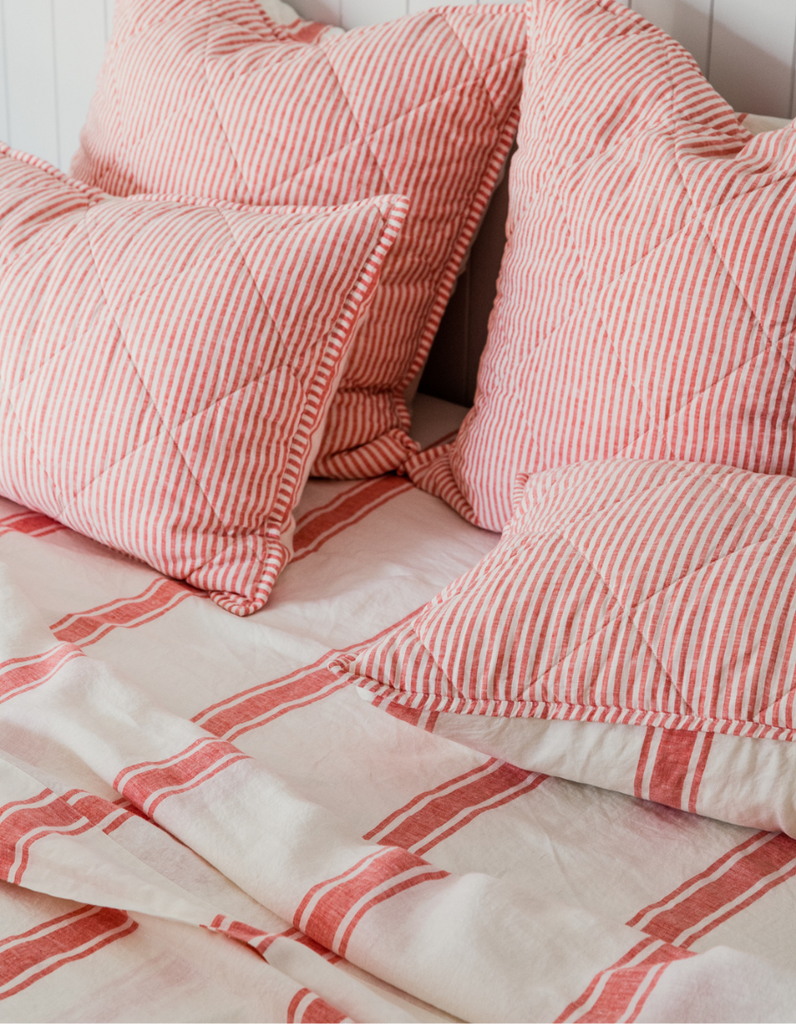 Flat Sheet - Red Coral Ticking Stripe – Linen Bedding