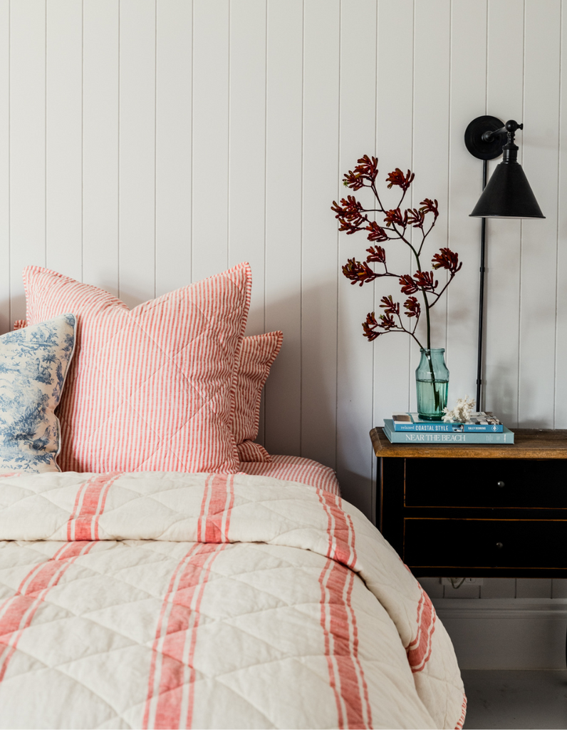 Reversible Quilt - Red Coral Ticking Stripe – Linen Bedding