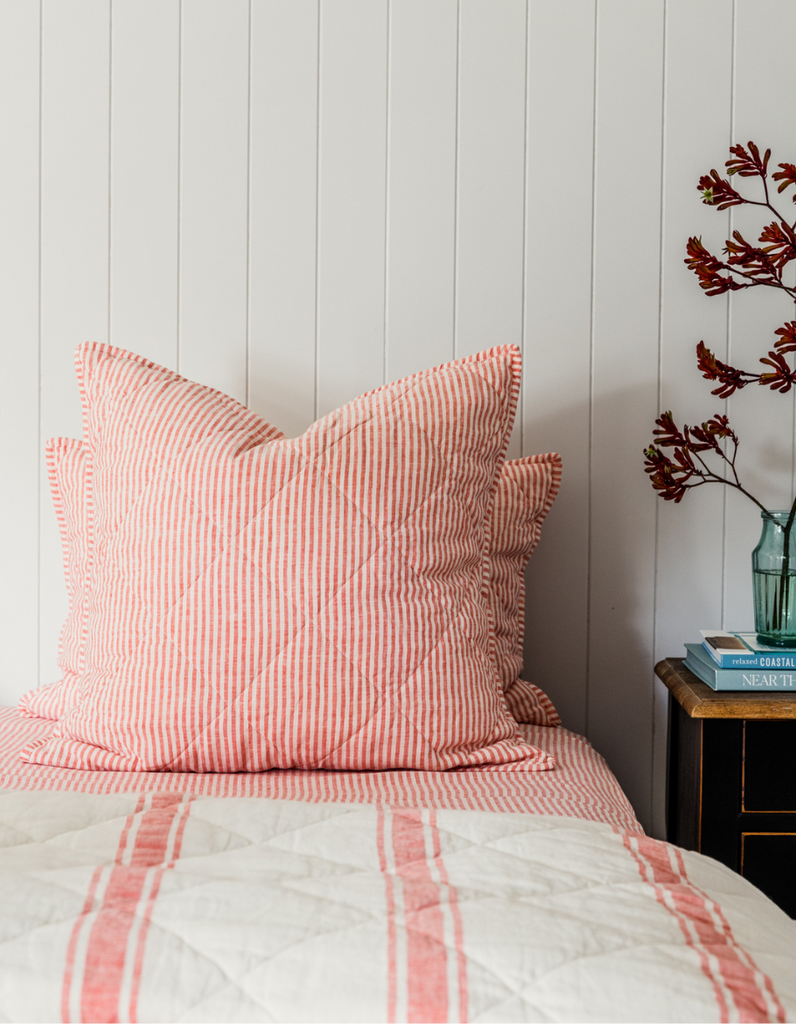 Reversible Quilt - Red Coral Ticking Stripe – Linen Bedding