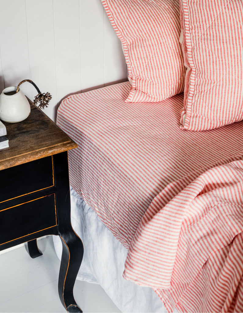  Fitted Sheet - Red Coral Thin Stripe – Linen Bedding