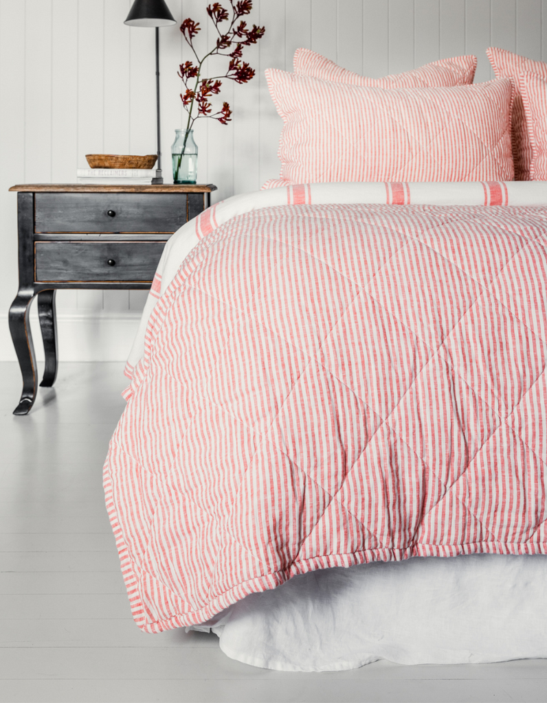  Quilted Pillow Sham - Red Coral Stripe – Linen Bedding
