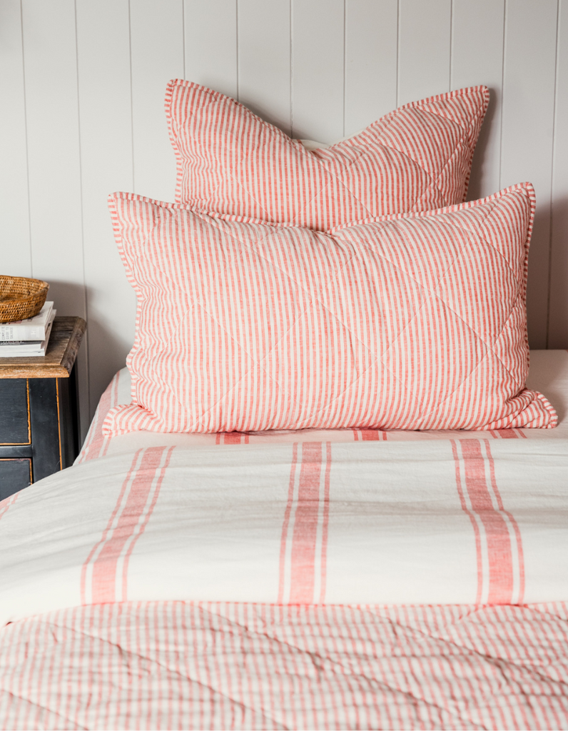Flat Sheet - Red Coral Ticking Stripe – Linen Bedding