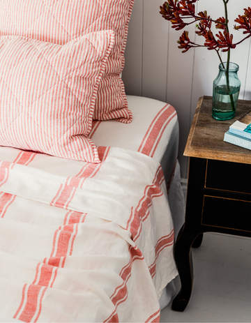 Flat Sheet - Red Coral Ticking Stripe – Linen Bedding