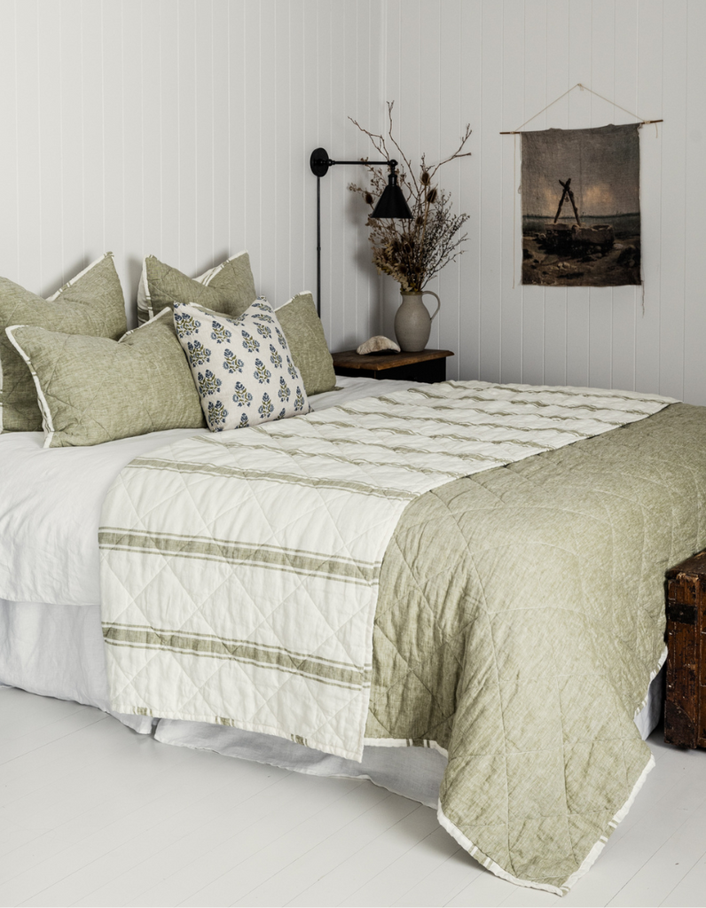 Reversible Quilt - Kelp Green Ticking Stripe – Linen Bedding
