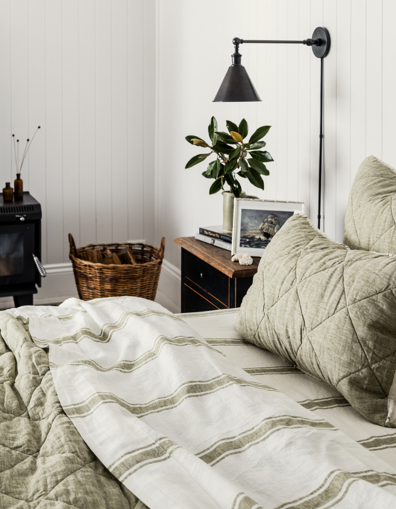 Fitted Sheet - Kelp Green Ticking Stripe – Linen Bedding