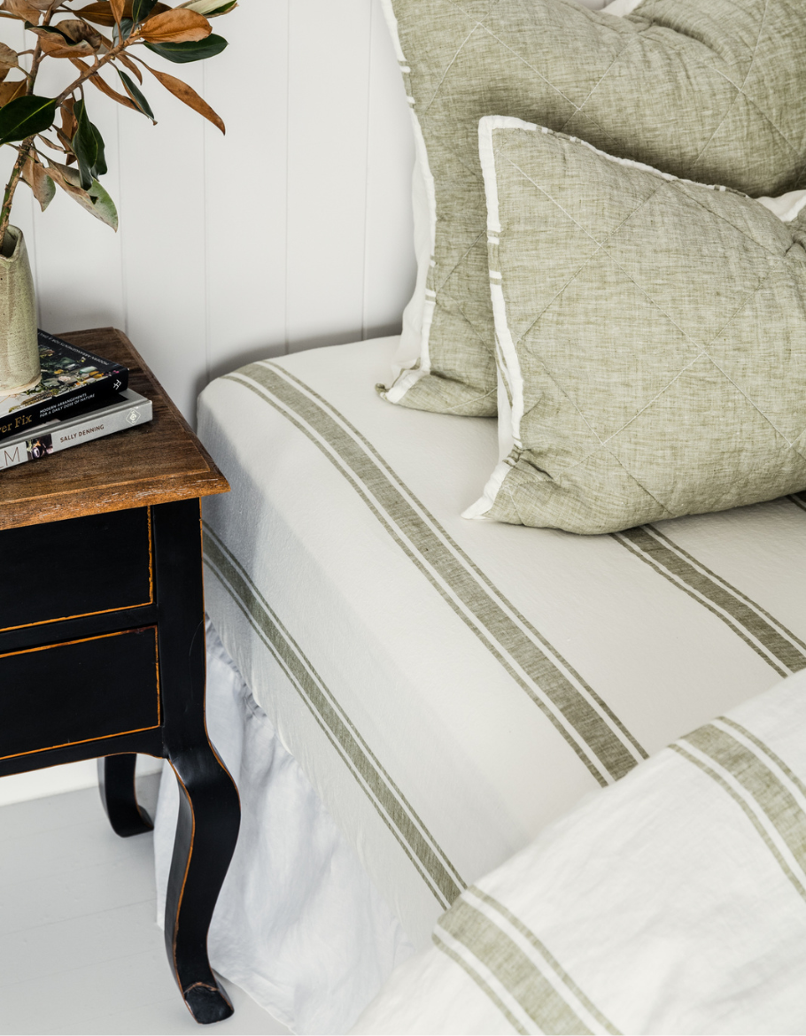 Fitted Sheet - Kelp Green Ticking Stripe – Linen Bedding