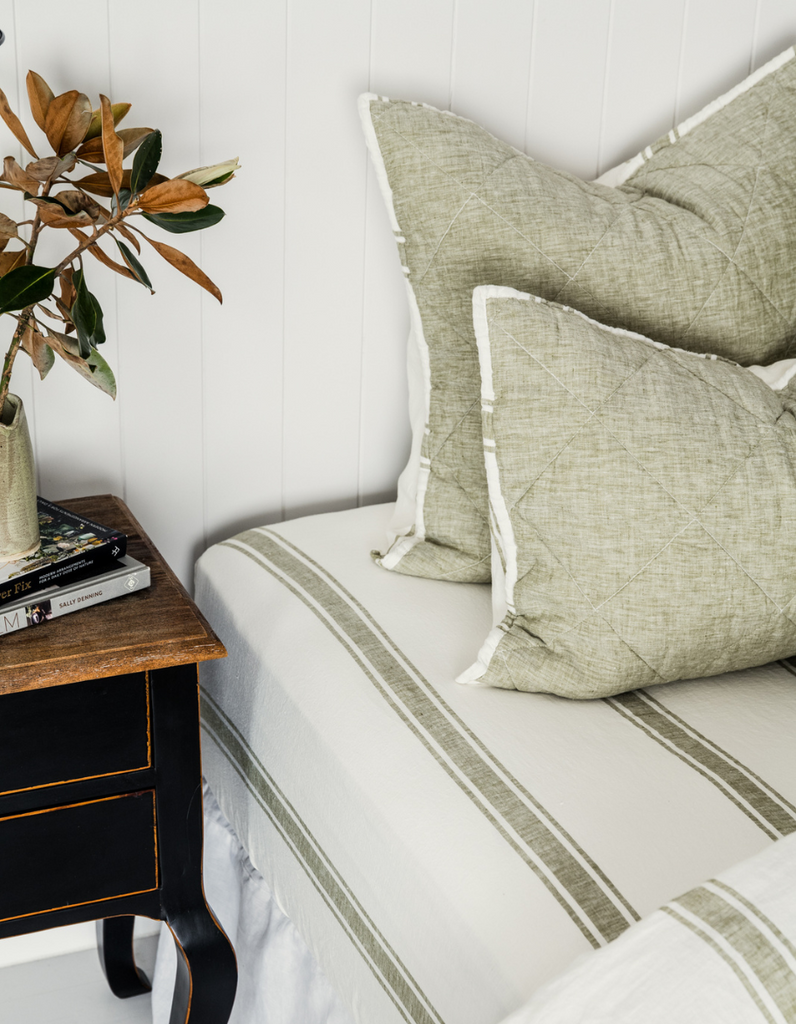 Fitted Sheet - Kelp Green Ticking Stripe – Linen Bedding