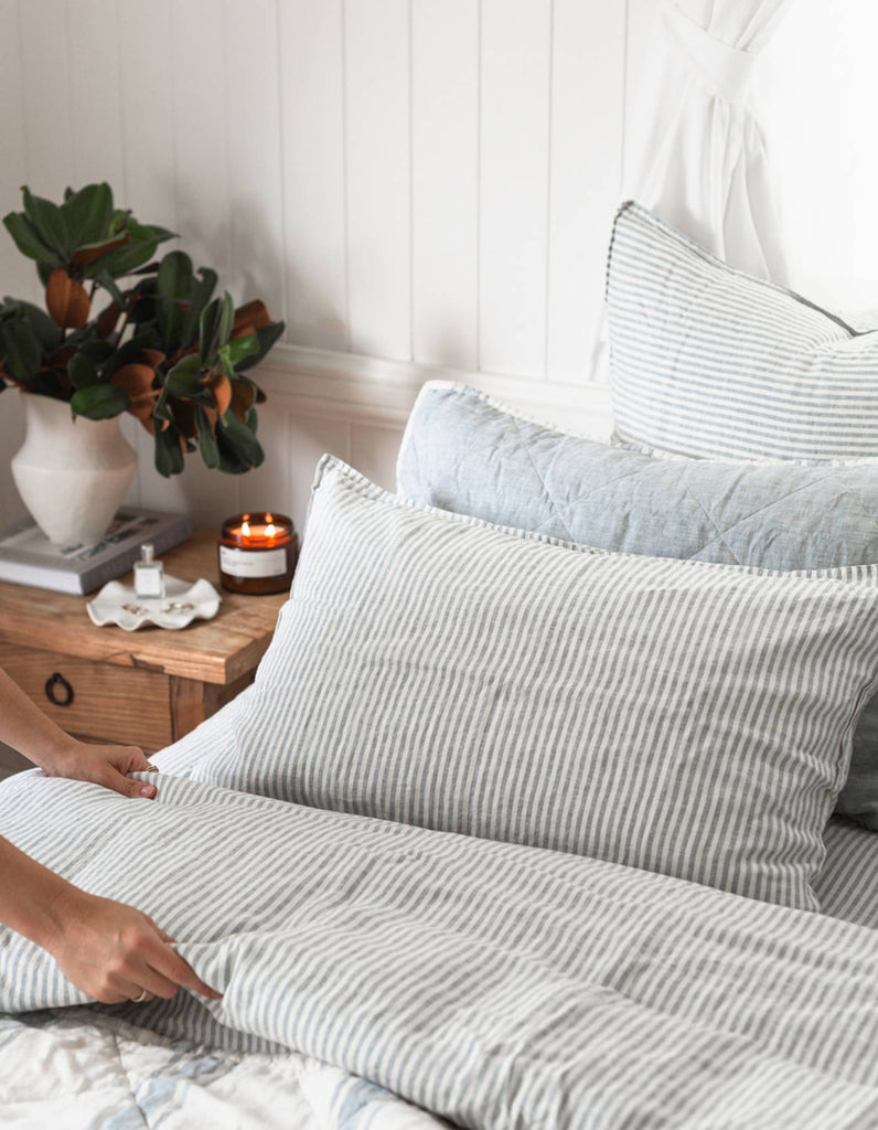 Linen Duvet Cover Set - French Blue Thin Stripe - Salt Living
