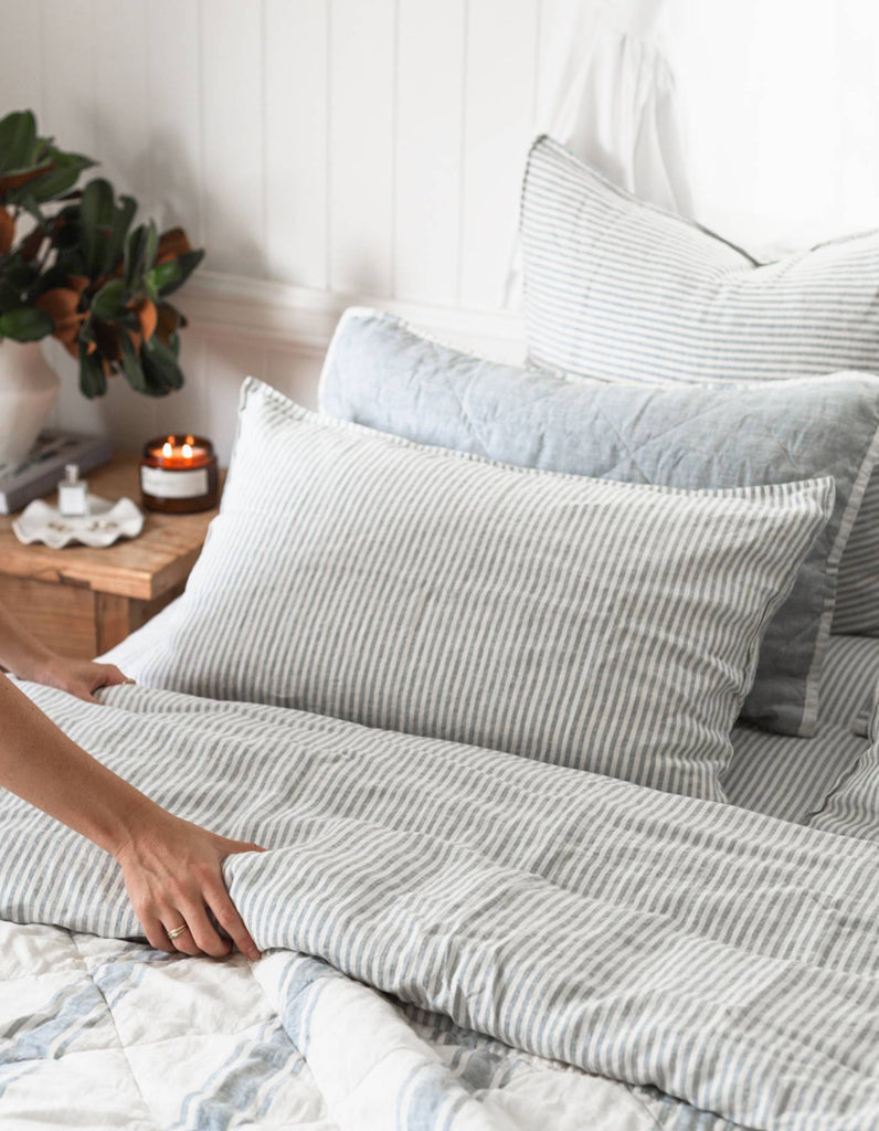 Linen Duvet Cover Set - French Blue Thin Stripe - Salt Living