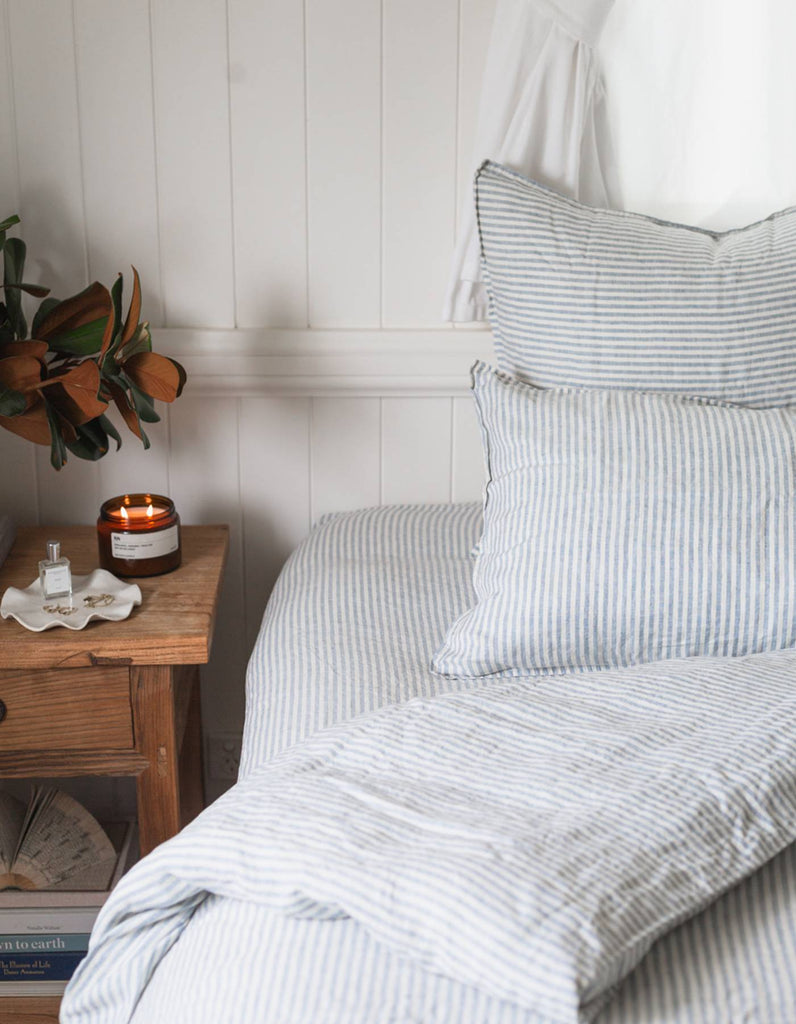 Linen Duvet Cover Set - French Blue Thin Stripe - Salt Living