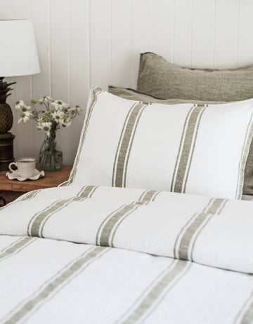 Linen Duvet Cover Set - Kelp Ticking - Salt Living