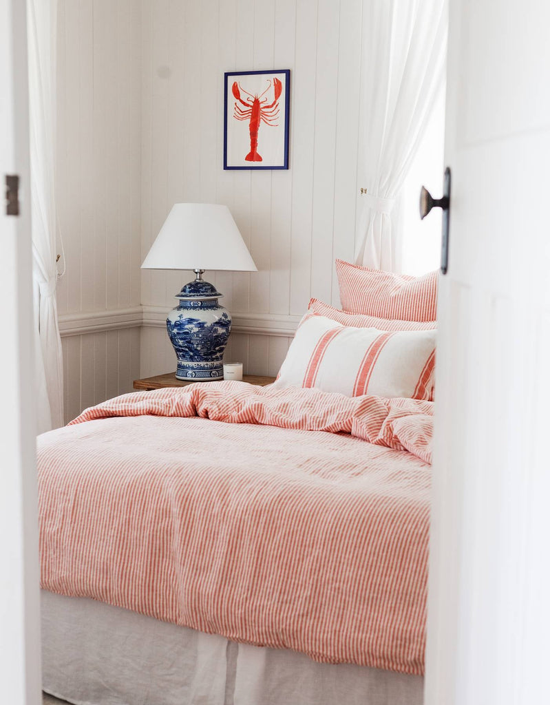 Linen Duvet Cover Set - Red Coral Stripe - Salt Living