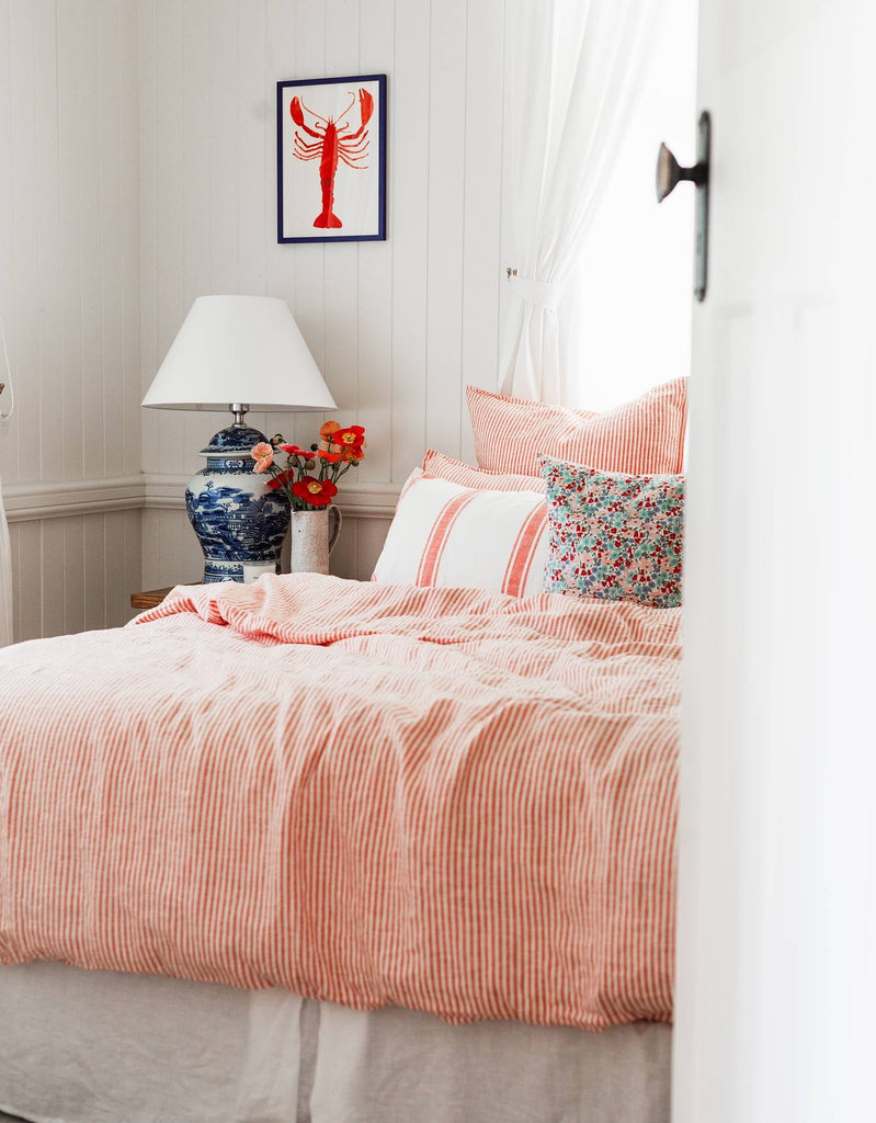 Linen Duvet Cover Set - Red Coral Stripe - Salt Living