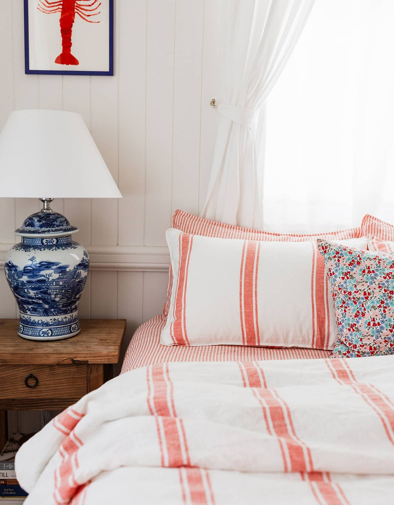Linen Duvet Cover Set - Red Coral Ticking - Salt Living