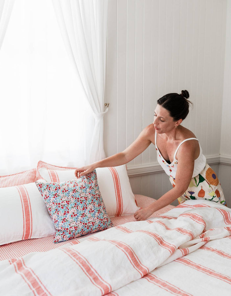 Linen Duvet Cover Set - Red Coral Ticking - Salt Living