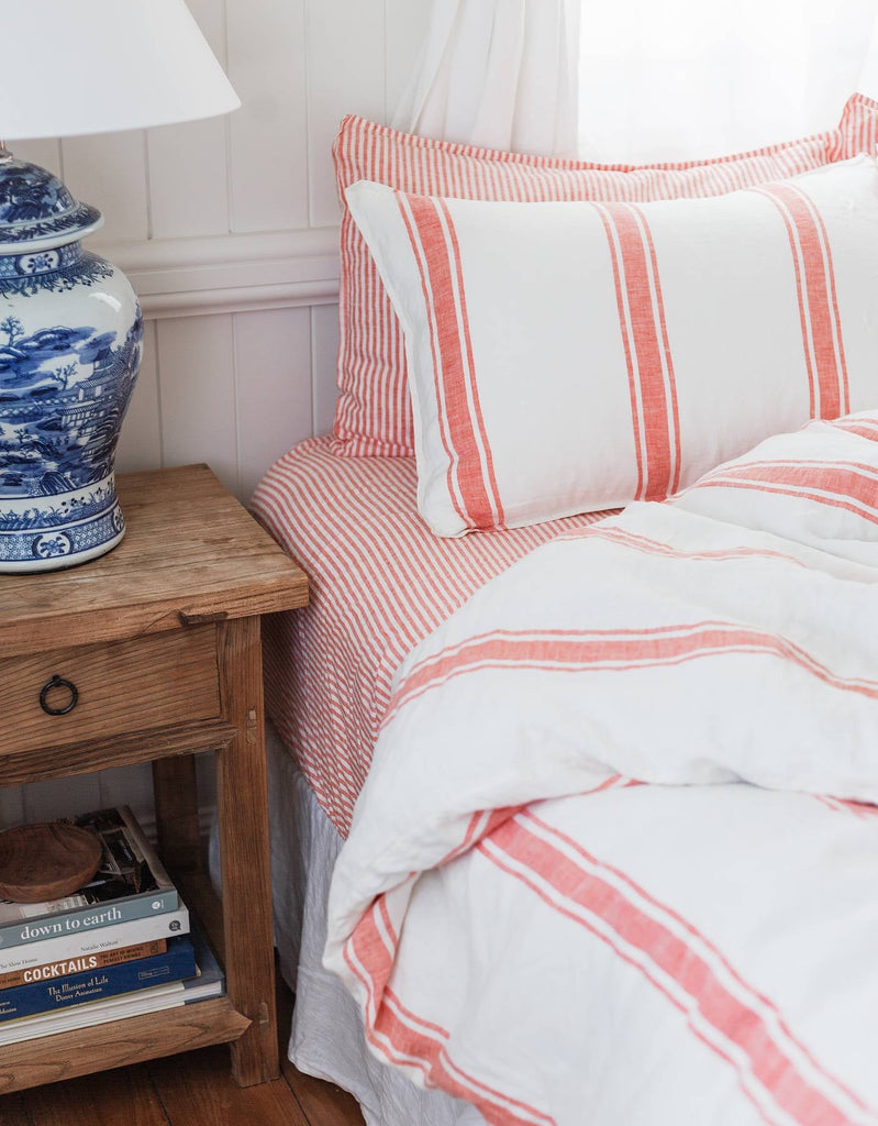 Linen Duvet Cover Set - Red Coral Ticking - Salt Living