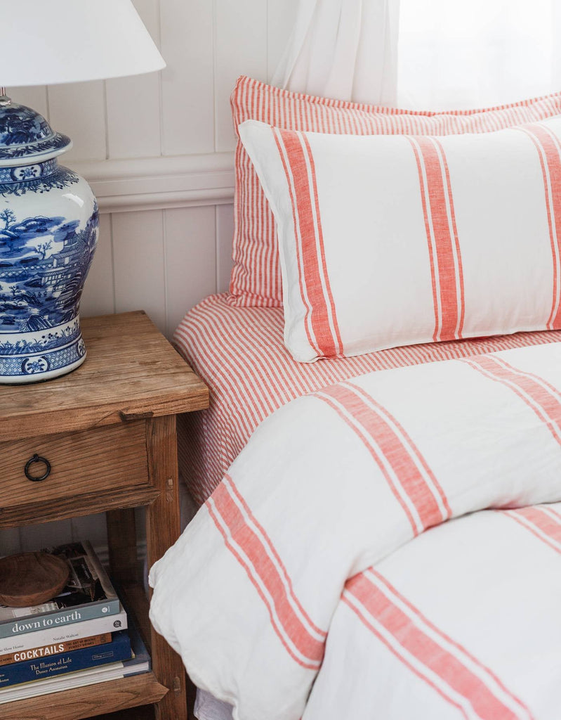 Linen Duvet Cover Set - Red Coral Ticking - Salt Living