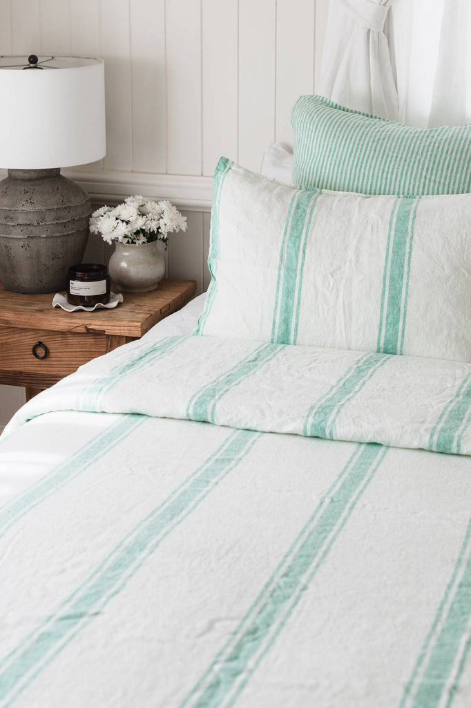 Linen Duvet Cover Set - Sea Green Ticking Stripe - Salt Living