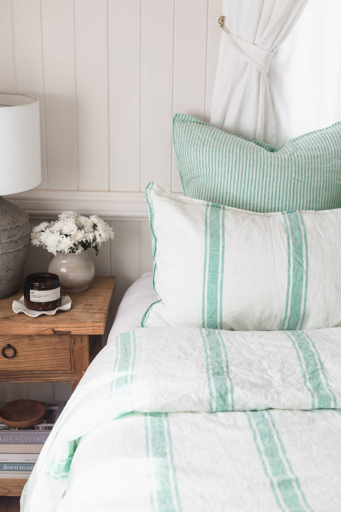 Linen Duvet Cover Set - Sea Green Ticking Stripe - Salt Living