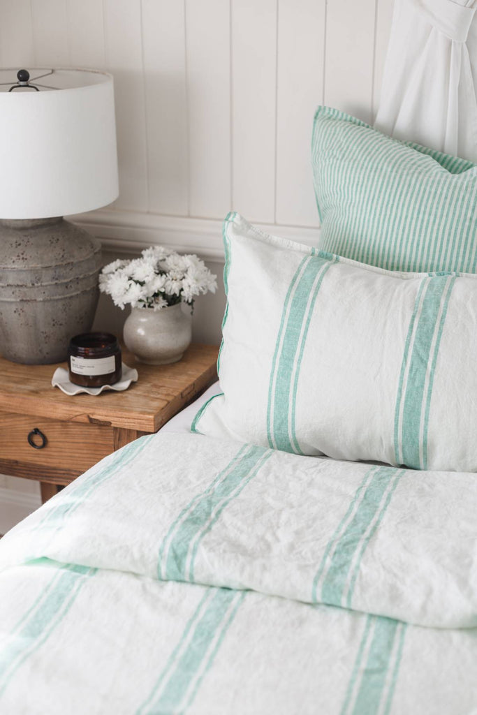 Linen Duvet Cover Set - Sea Green Ticking Stripe - Salt Living