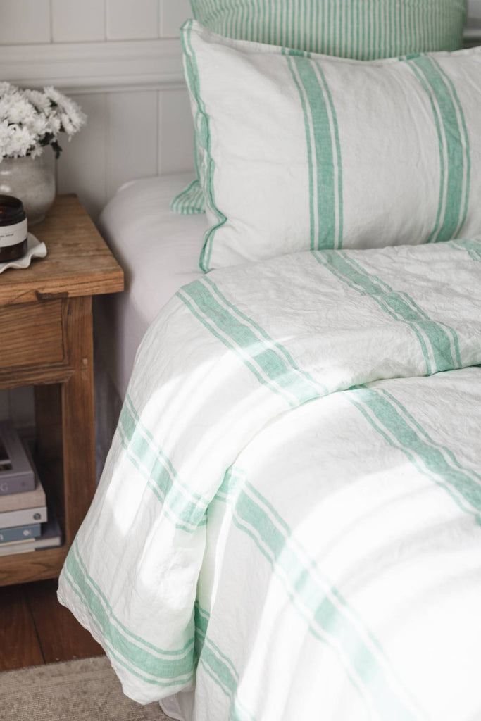 Linen Duvet Cover Set - Sea Green Ticking Stripe - Salt Living