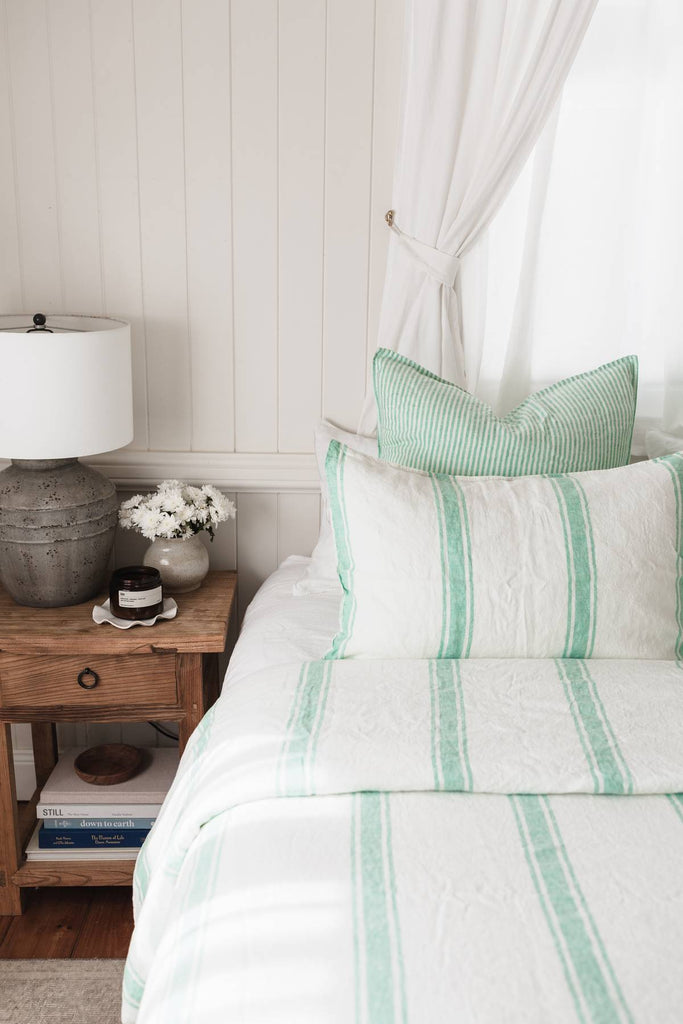 Linen Duvet Cover Set - Sea Green Ticking Stripe - Salt Living