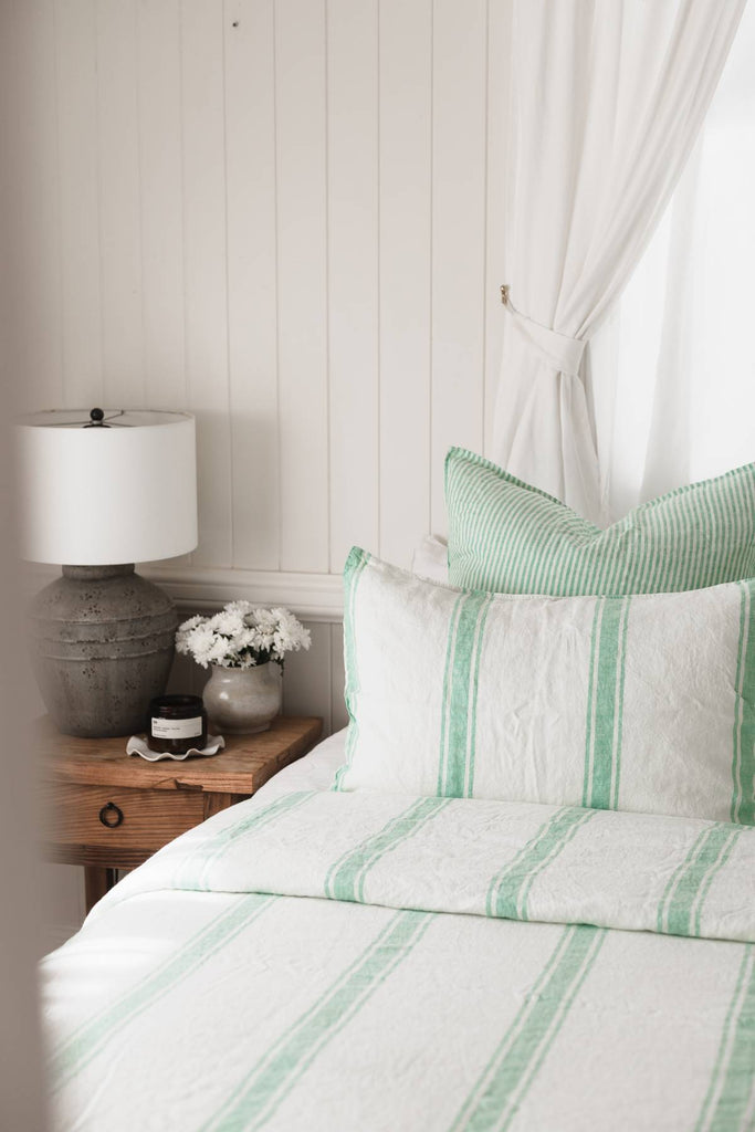 Linen Duvet Cover Set - Sea Green Ticking Stripe - Salt Living