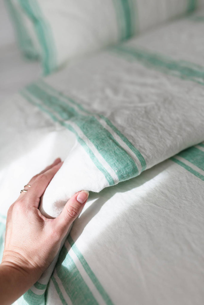 Linen Duvet Cover Set - Sea Green Ticking Stripe - Salt Living