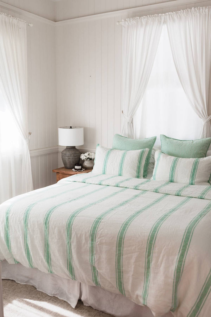 Linen Duvet Cover Set - Sea Green Ticking Stripe - Salt Living