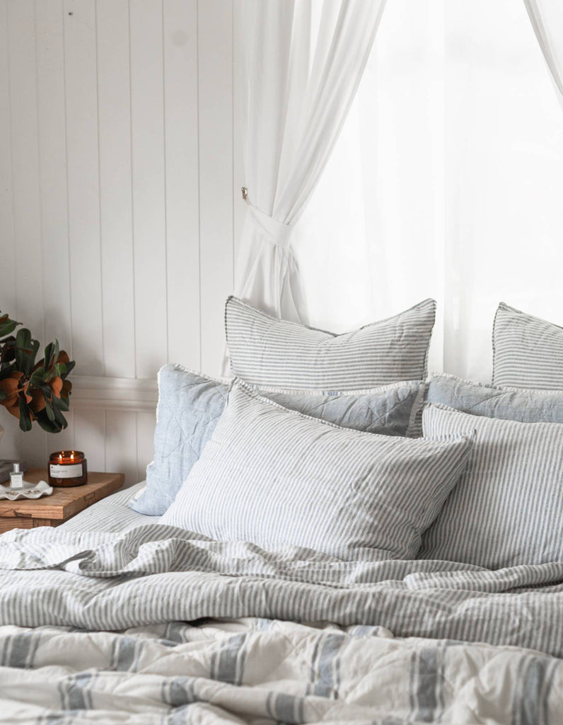 Linen Euro Pillowcase Set - French Blue Thin Stripe - Salt Living