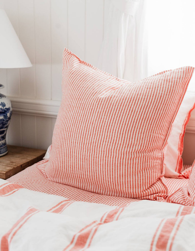 Linen Euro Pillowcase Set - Red Coral Thin Stripe - Salt Living