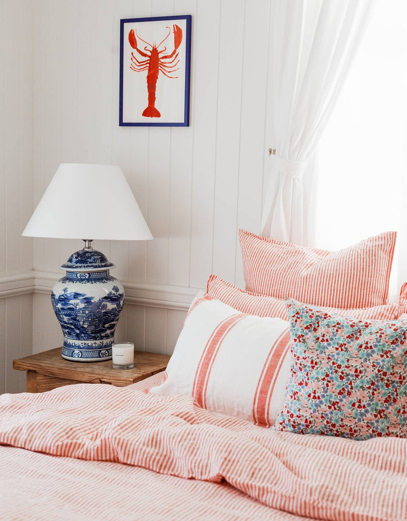 Linen Euro Pillowcase Set - Red Coral Thin Stripe - Salt Living
